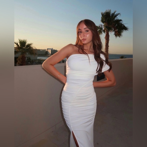 Sad maxi dress ruched stretch white wedding Elegant White One-Shoulder evening - Picture 4 of 15